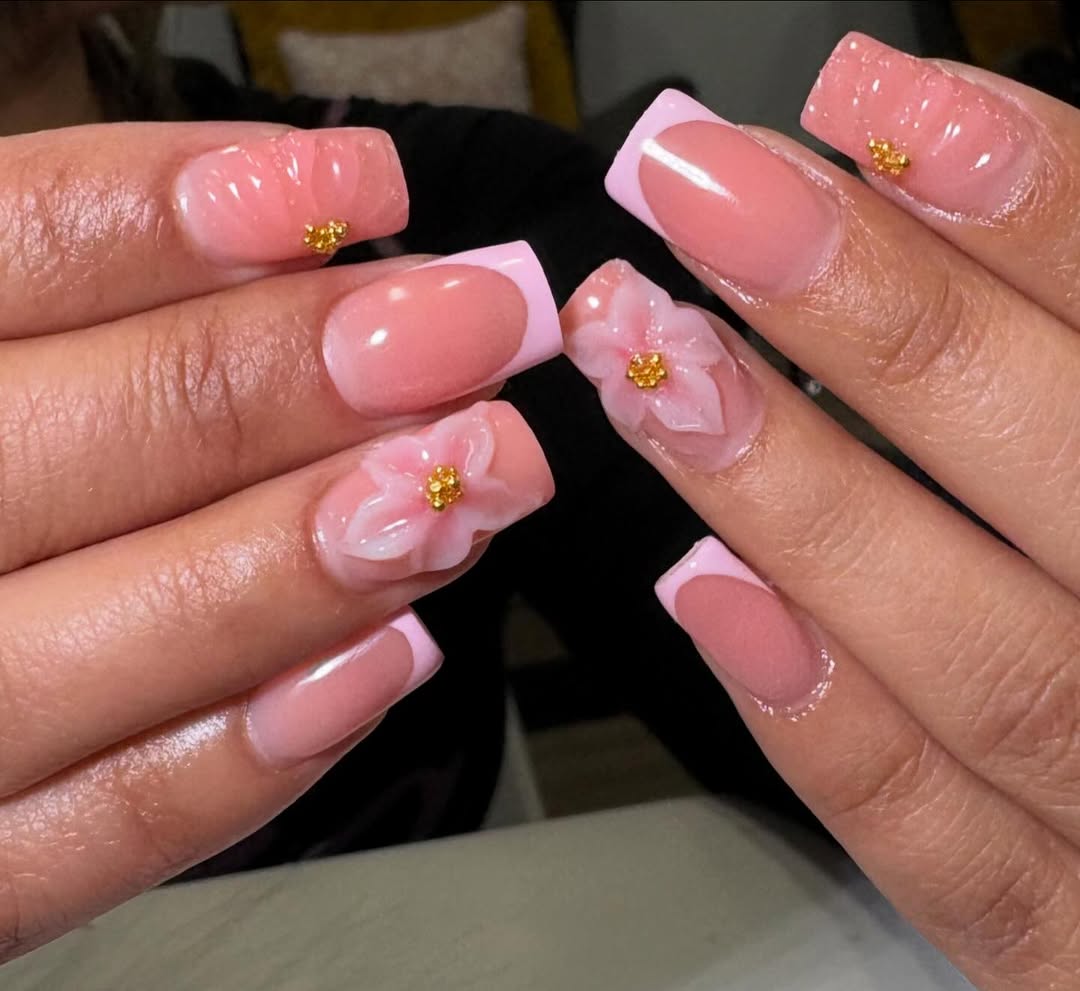 3D flower nail art in soft pink